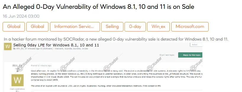 An Alleged 0-Day Vulnerability of Windows 8.1, 10 and 11 is on Sale