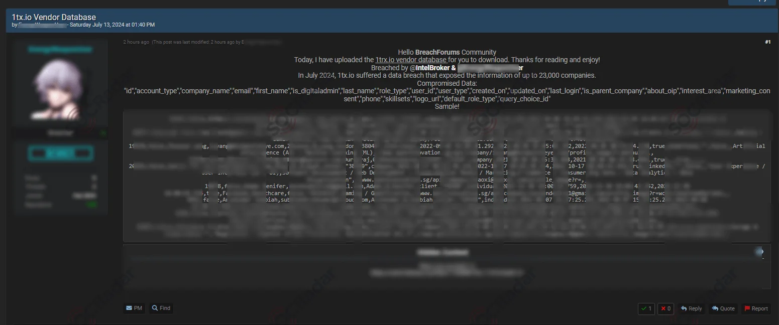 Alleged Leak of 1TX's Vendor Database