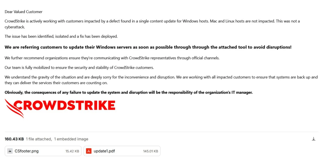  The phishing email that was sent from the address update@crowdstrike[.]com[.]vc