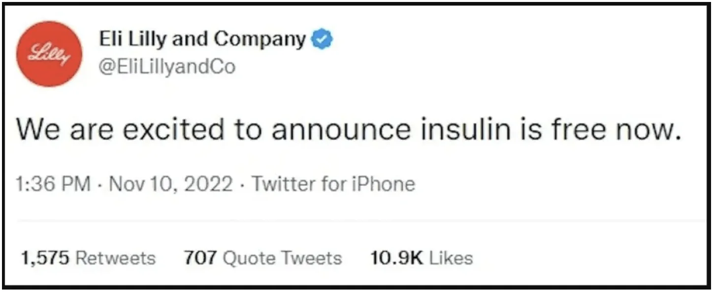 A misleading tweet from the fake Eli Lilly & Co account, source: Lown Institute