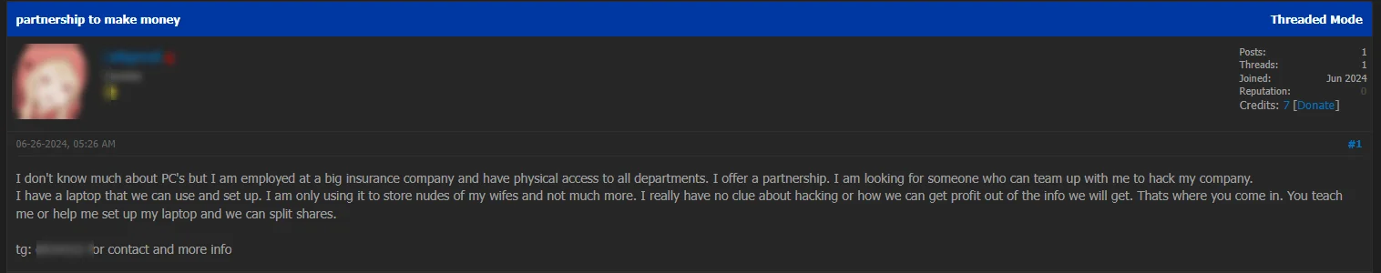 A recruitment post seeking individuals specialized in hacking