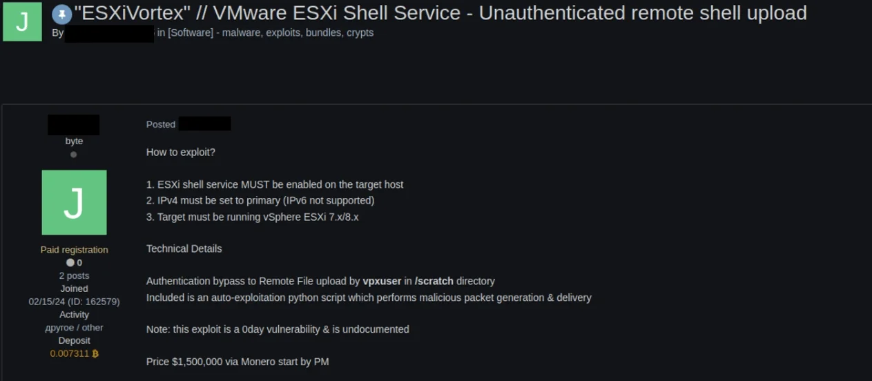 Sale post for an unauthenticated ESXi shell on a dark web forum (Microsoft) 