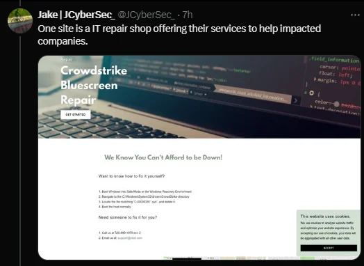 A fake website posing as a CrowdStrike support site, offering deceptive services. (Source: X)
