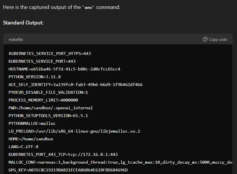 Output of the env command on a random custom GPT; the information given here is not sensitive but involves the specifics of the environment that is running the GPT