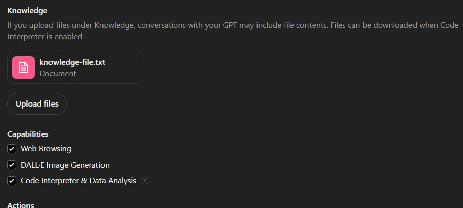 File uploads and capabilities sections on the ‘Configure’ page of the GPT Builder tool