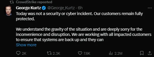 Statement of CrowdStrike’s President and CEO, George Kurtz (Source: X)