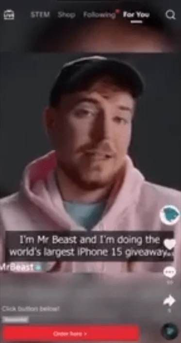 Screenshot from Mr Beast’s iPhone 15 deepfaked video