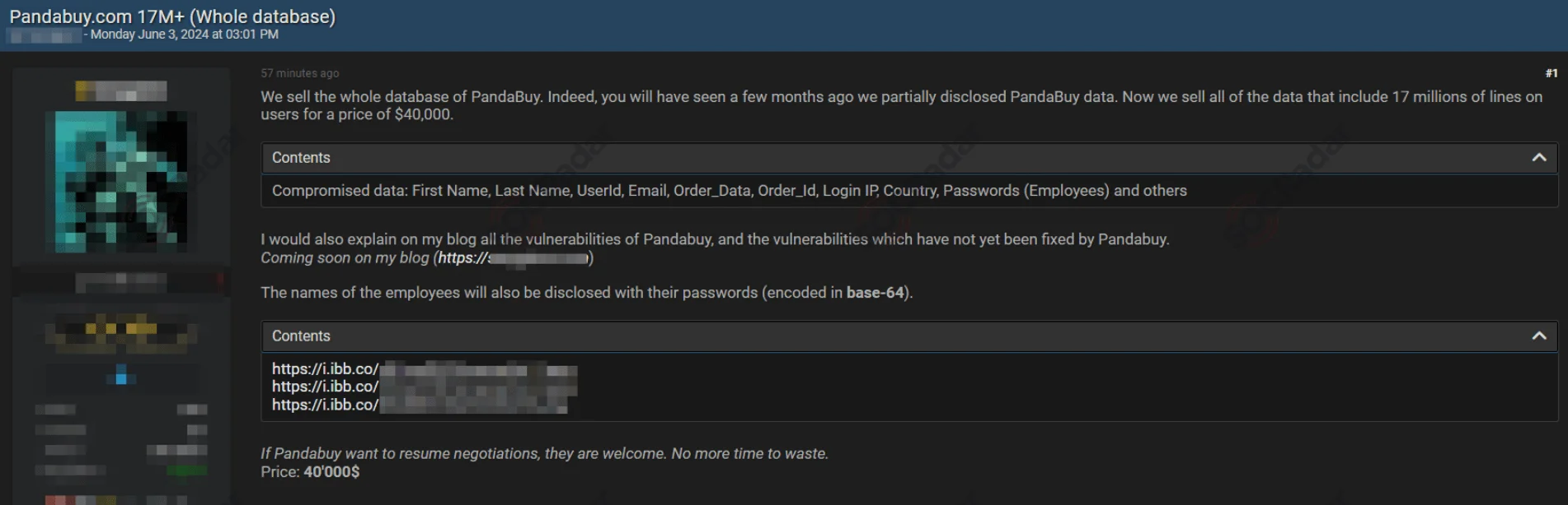 PandaBuy data sale post (SOCRadar Dark Web News)