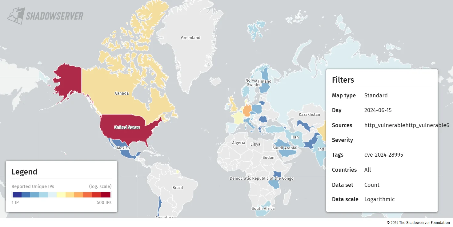 A map view of exposed Solarwinds Serv-U instances (Shadowserver)