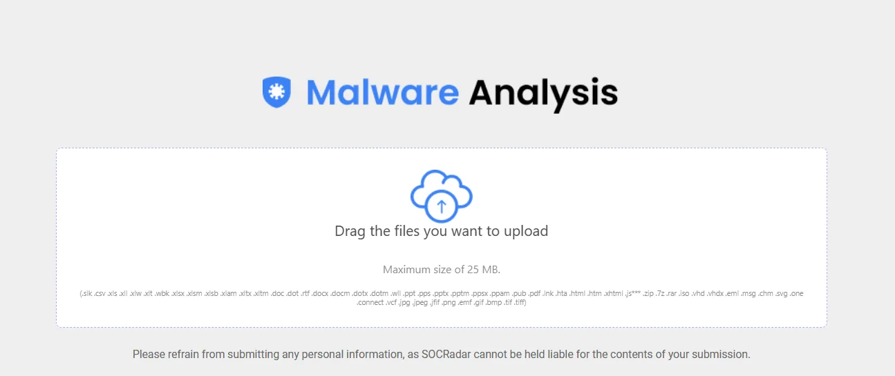 Malware Analysis (available on the SOCRadar XTI platform) aims to provide users with a thorough understanding of malware samples, enabling quick detection and analysis.