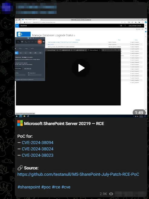 Exploit for the SharePoint RCE flaws was shared on a Telegram hacker channel