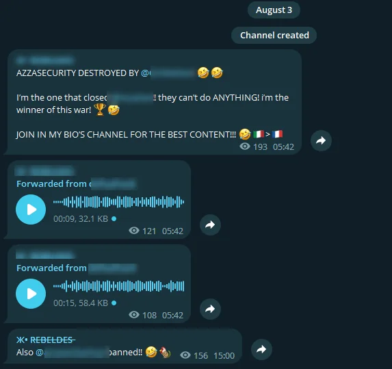 On AzzaSec's new Telegram channel, a threat actor claimed that AzzaSec had hijacked and shut down its Telegram channels.