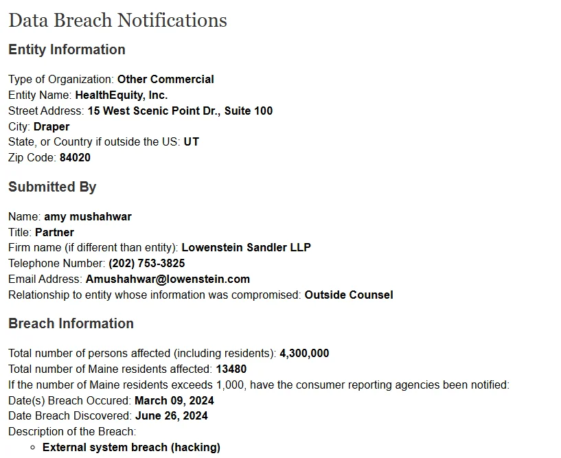 HealthEquity breach filing (Maine.gov)