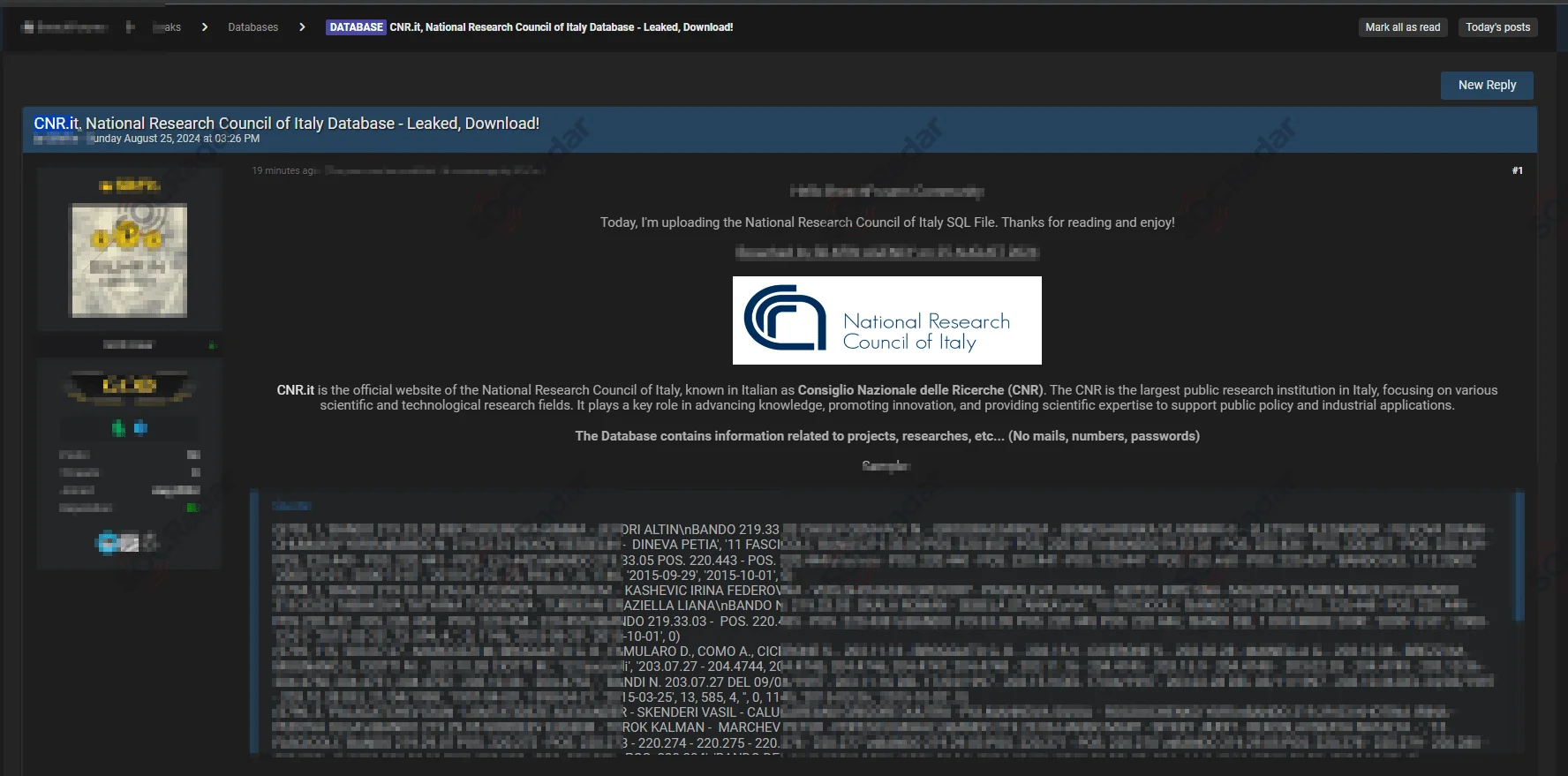Alleged Customer Database of National Research Council of Italy is Leaked