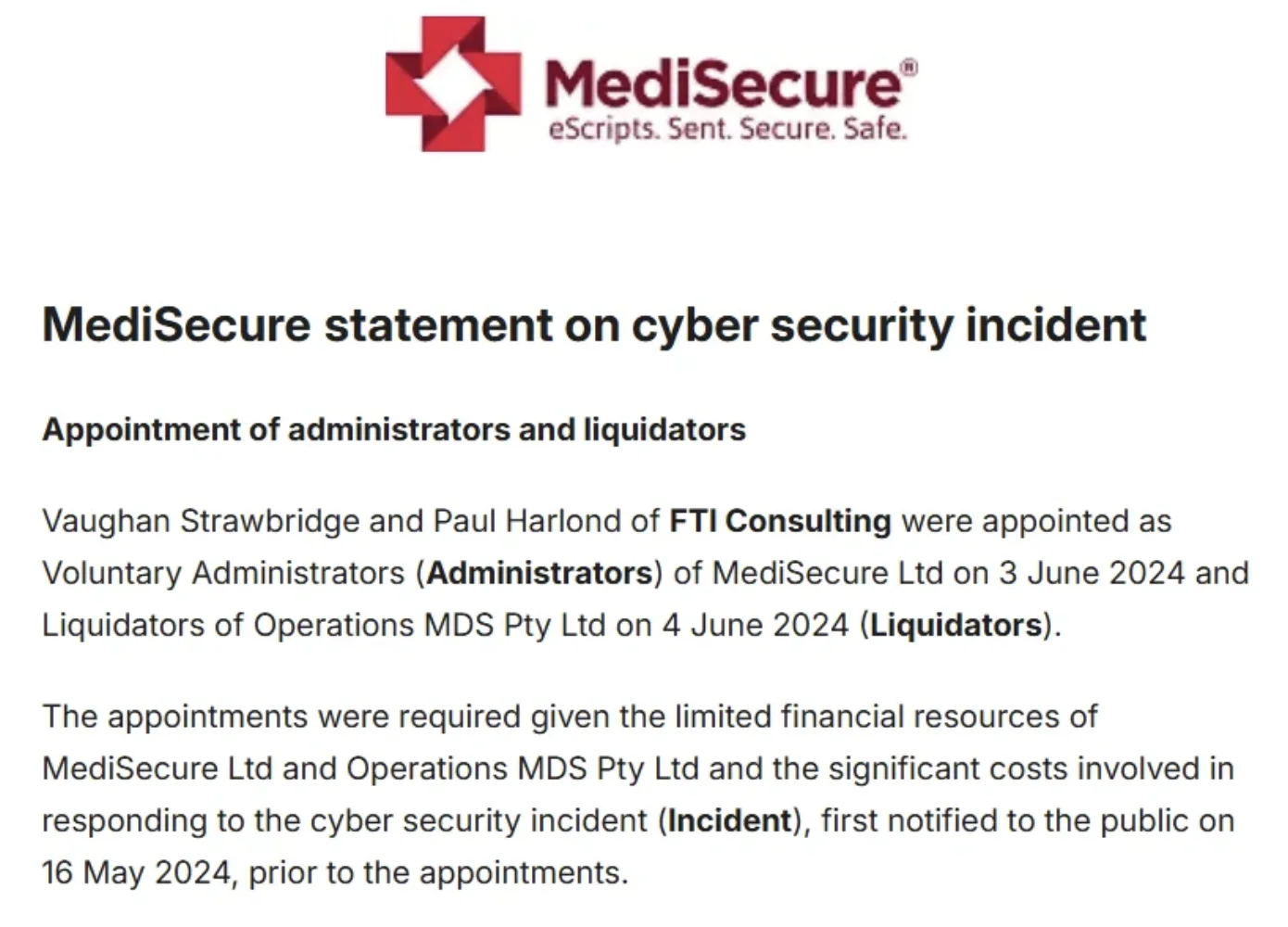 July 2024 statement from MediSecure