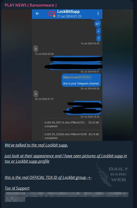 A Telegram channel, allegedly operated by Play Ransomware, has announced a new partnership with LockBit (DailyDarkWeb)