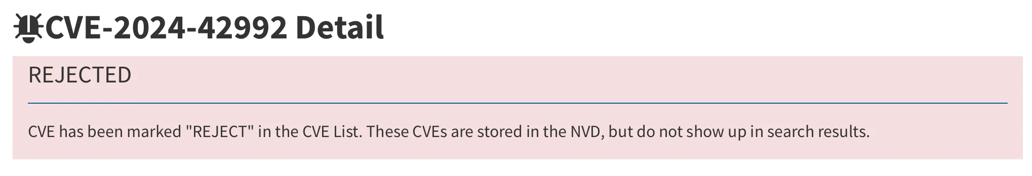 Notification at the top of the CVE-2024-42992 vulnerability page on the National Vulnerability Database (NVD) 