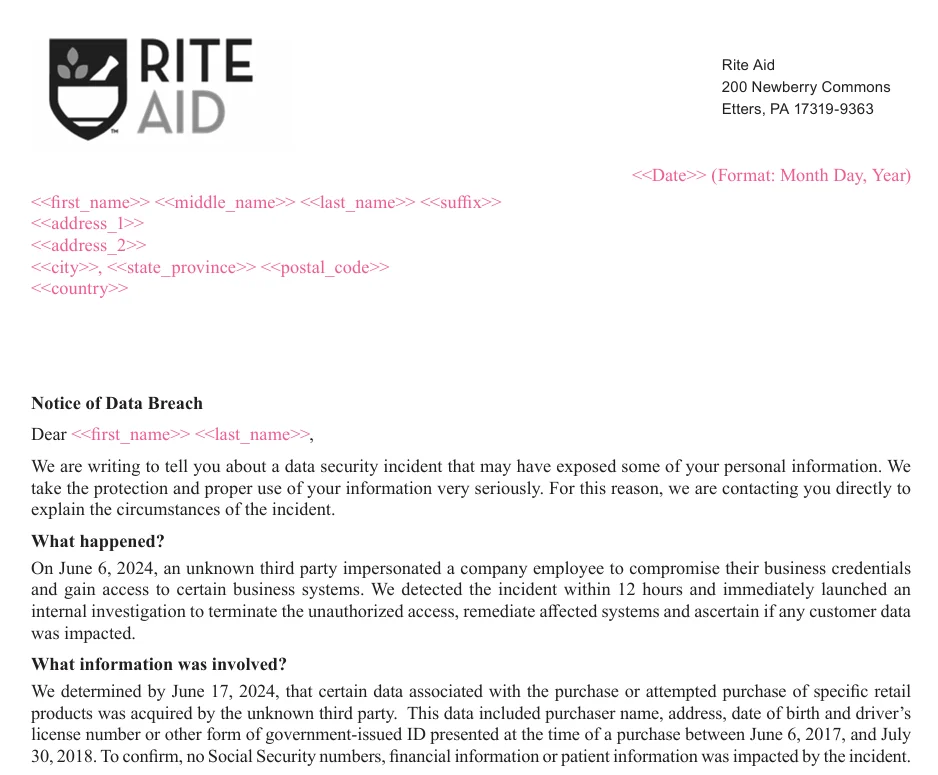 Rite Aid’s breach notification (Maine.gov)