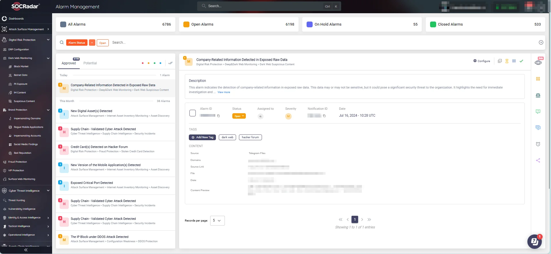 Alarm: Company-related information detected in exposed raw data (SOCRadar Alarm Management)