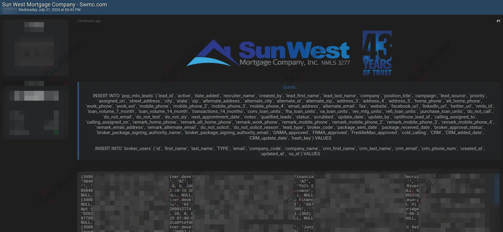 Database of Sun West Mortgage is Allegedly Leaked