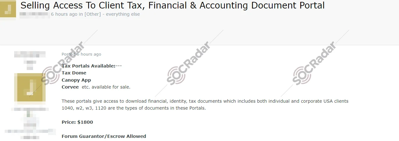 Alleged Unauthorized Portal Access Sale is Detected for an American Tax Company