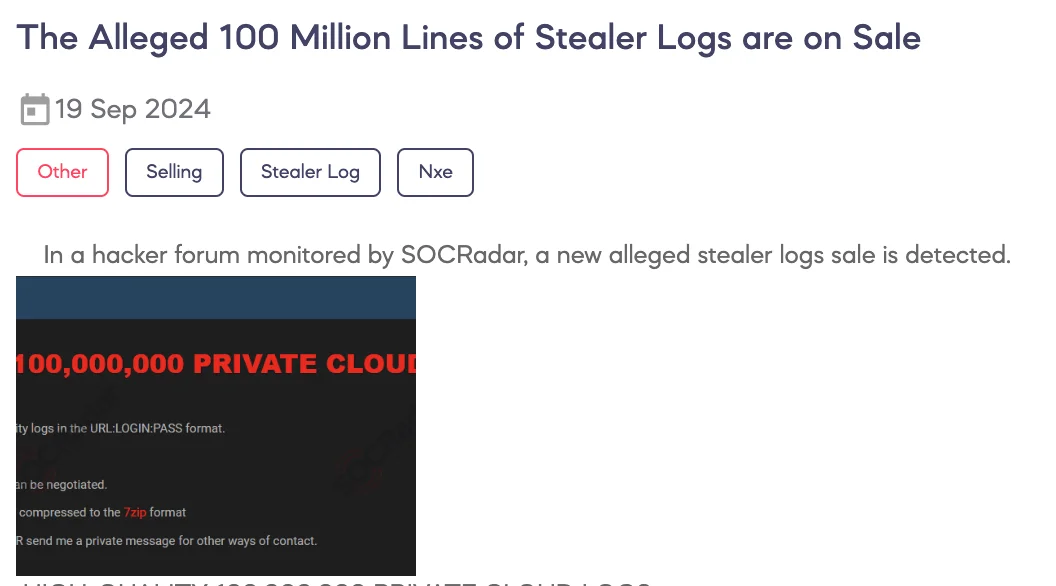 Alleged 100 Million Lines of Stealer Logs are on Sale