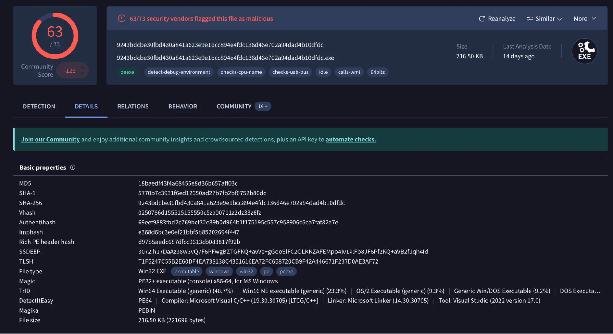 Basic properties of a known sample, written in C++ (VirusTotal)