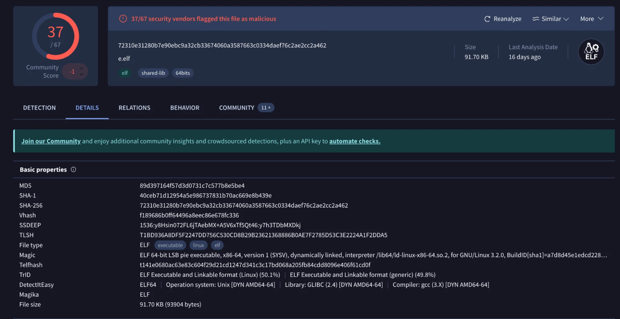 Basic properties of a known sample (VirusTotal)