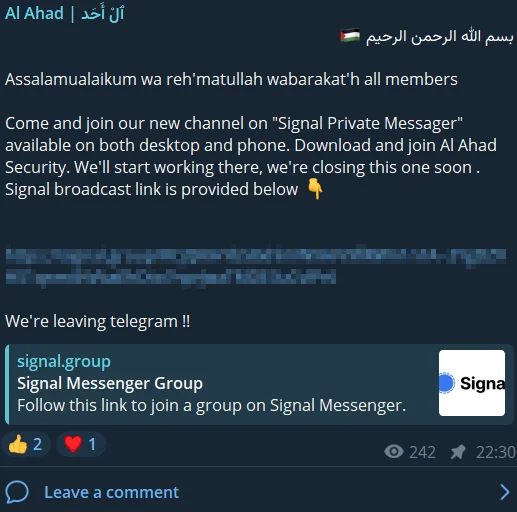 Al Ahad’s Telegram post