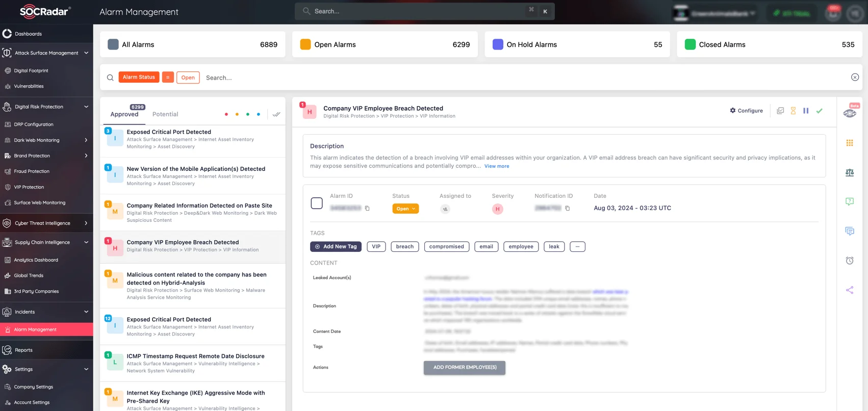 Alarm: VIP Employee Breach Detected (SOCRadar Alarm Management)