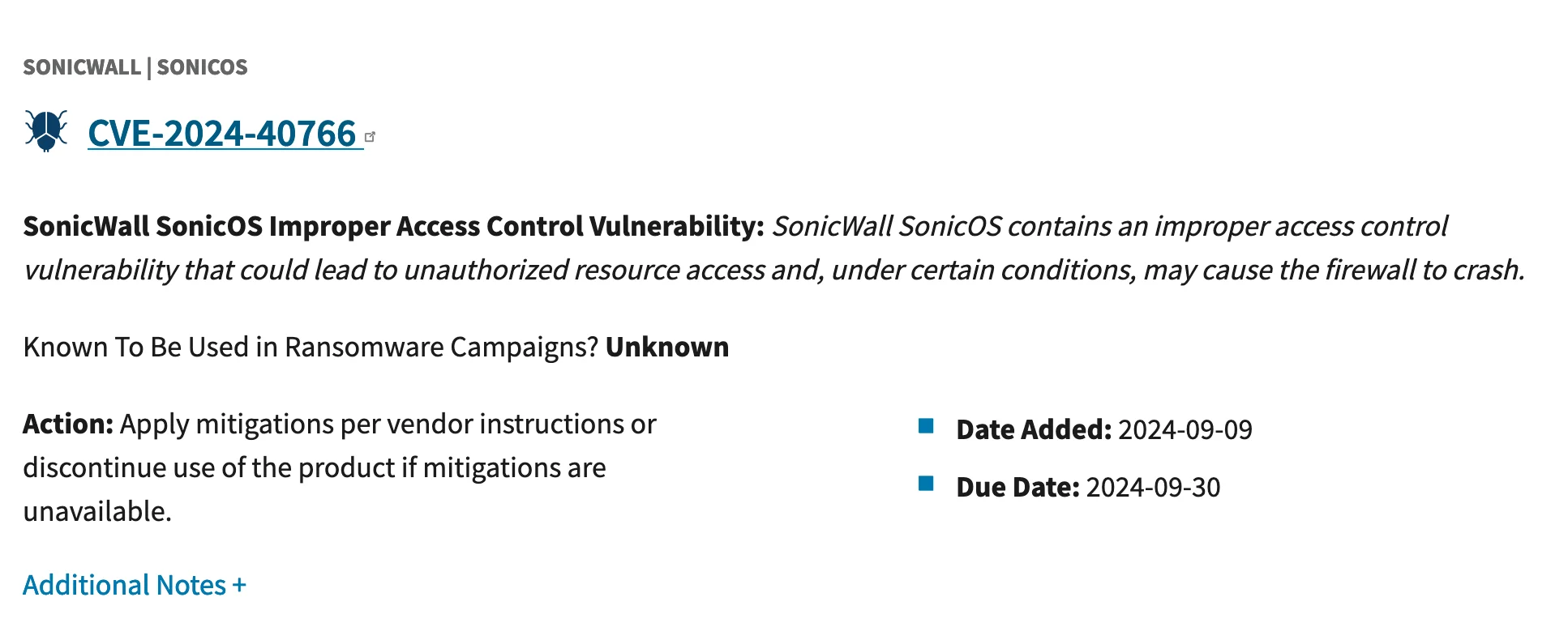 CISA KEV listing of the CVE-2024-40766 vulnerability