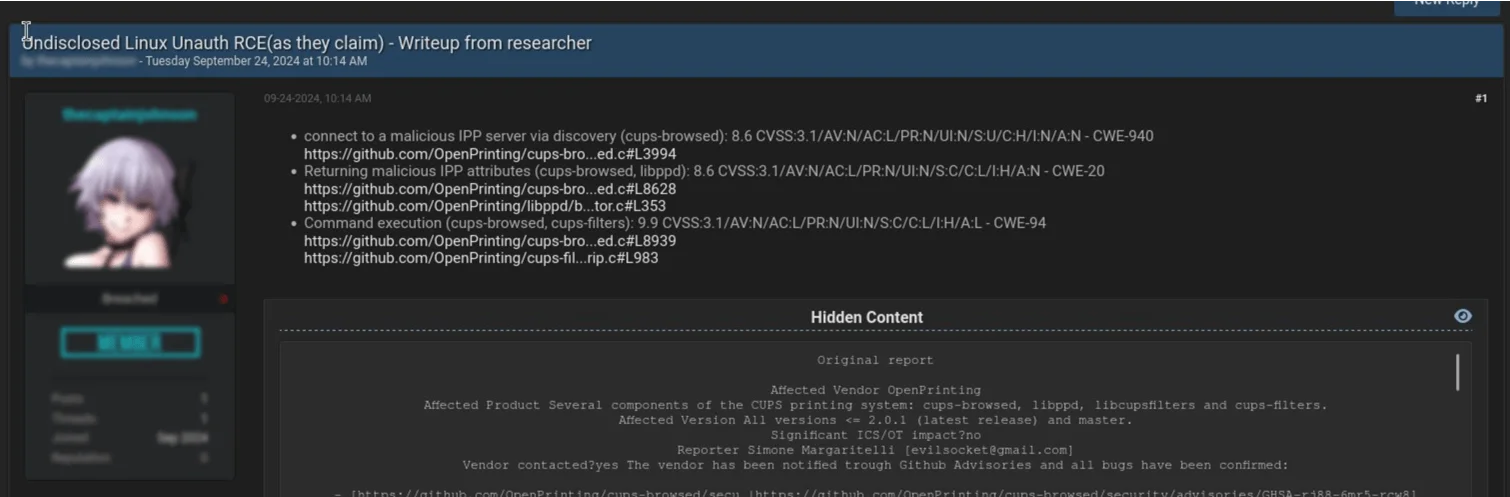 The hacker forum post about ‘Undisclosed Linux Unauth RCE’