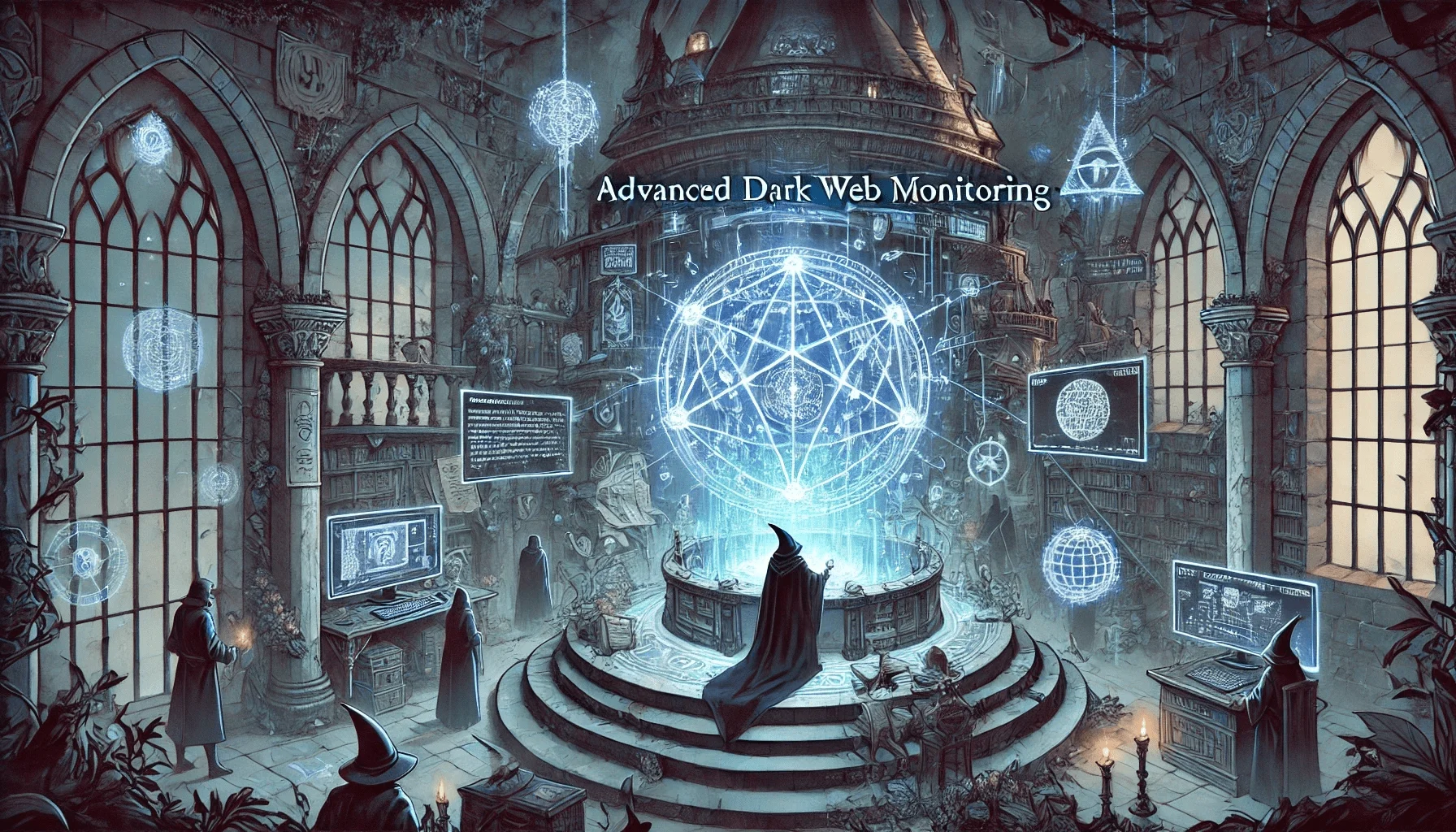 The blend of mysticism and high-tech monitoring represents SOCRadar's vigilance in identifying hidden threats. Generated using Dall-E.