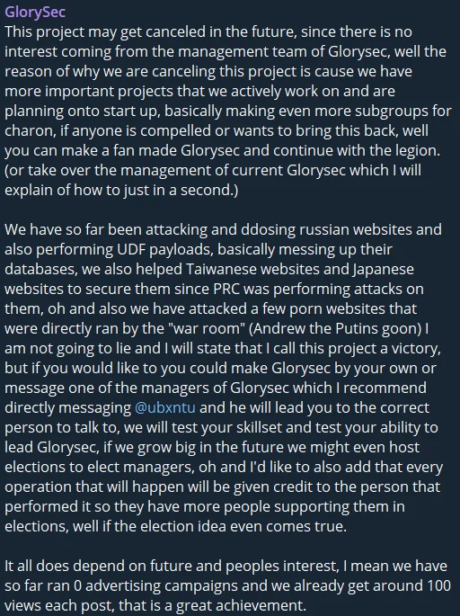 Project could have been canceled, GlorySec’s Telegram channel