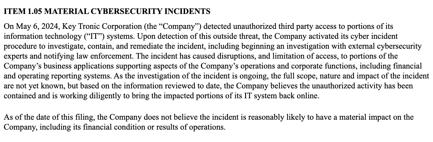 SEC filing of Keytronic, see the full version here