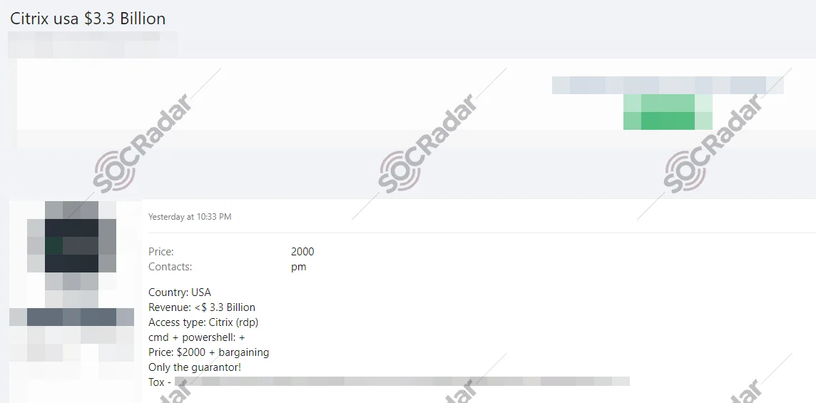 Alleged Unauthorized Citrix RDP Access Sale is Detected for an American Company