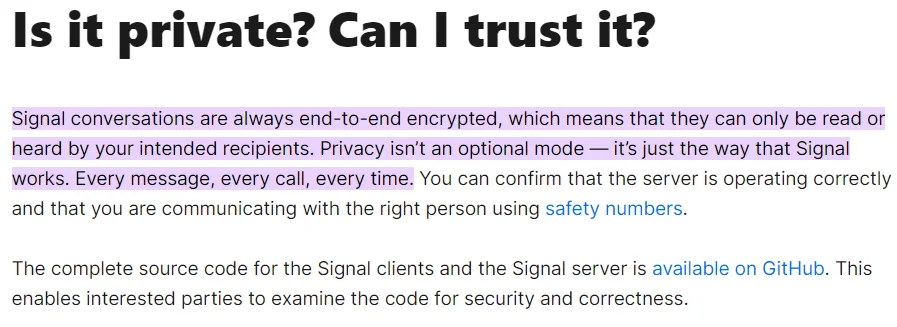 Signal’s FAQ section