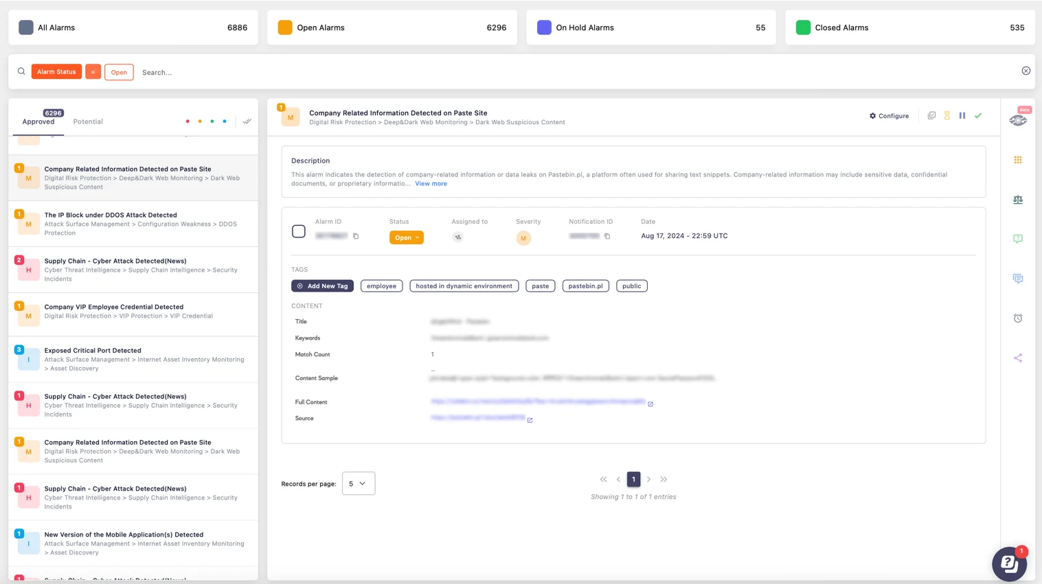 Alarm: Company Related Information Detected (SOCRadar Alarm Management)