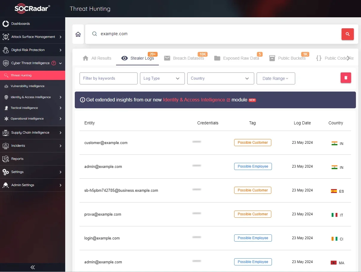 SOCRadar’s Threat Hunting allows you to search within stealer logs