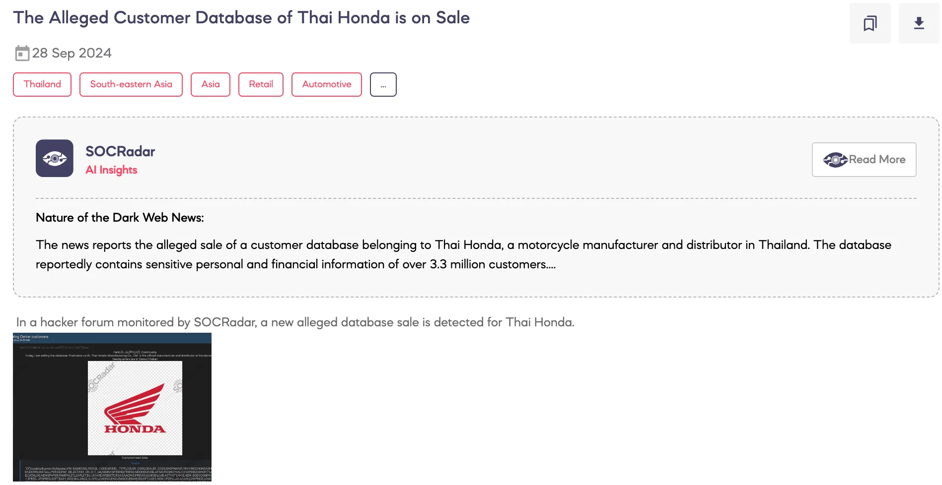 Alleged Customer Database of Thai Honda is on Sale