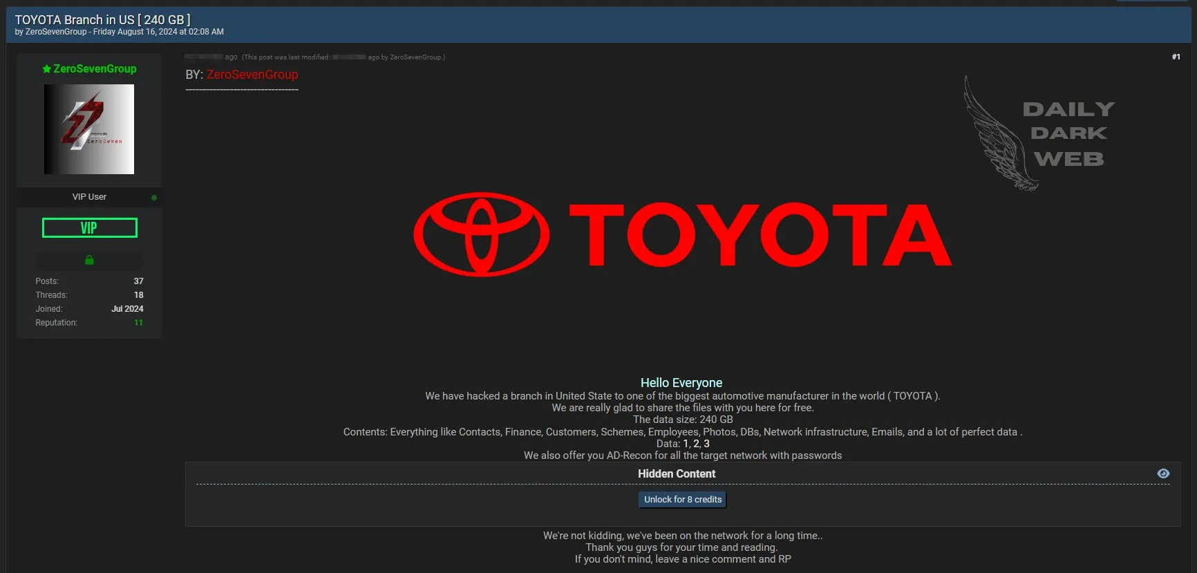 Threat actor’s post about the Toyota breach