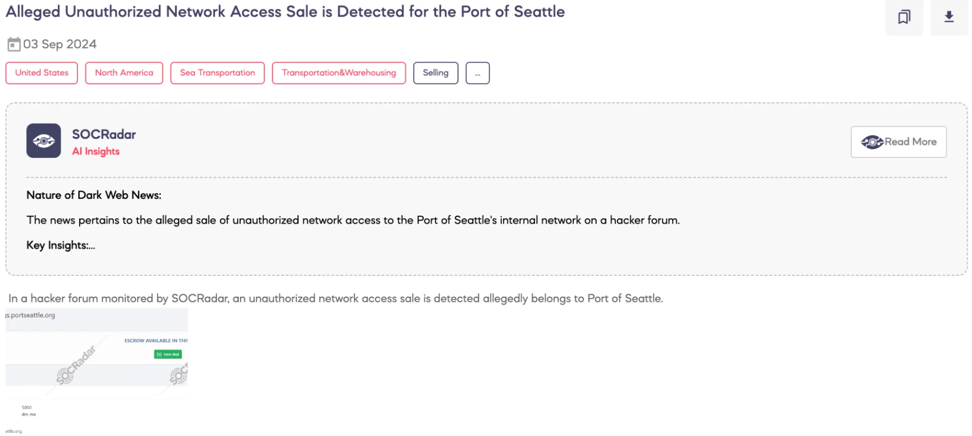 Alleged Unauthorized Network Access Sale is Detected for the Port of Seattle