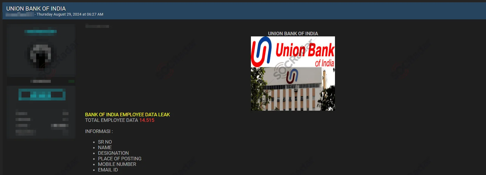 Alleged Employee Database of Union Bank of India is Leaked