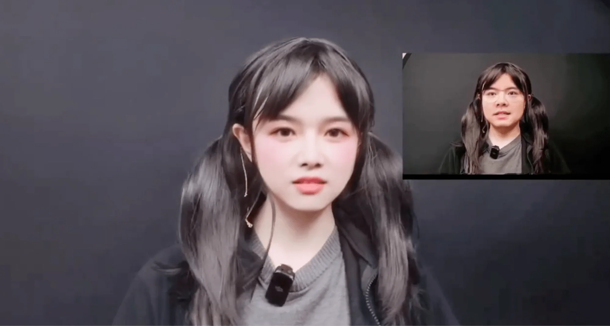 A viral video where a man uses AI face-changing technology by transforming into a young woman