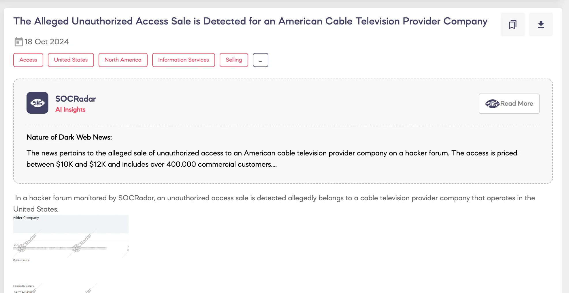 The Alleged Unauthorized Access Sale is Detected for an American Cable Television Provider Company