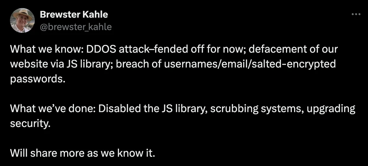 Tweet by Brewster Kahle briefly stating what they know about the breach (X)