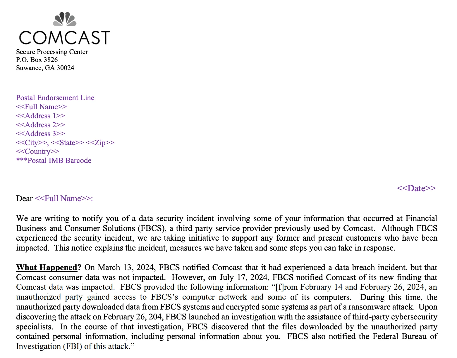 A part of the data breach notification by Comcast (maine.gov)