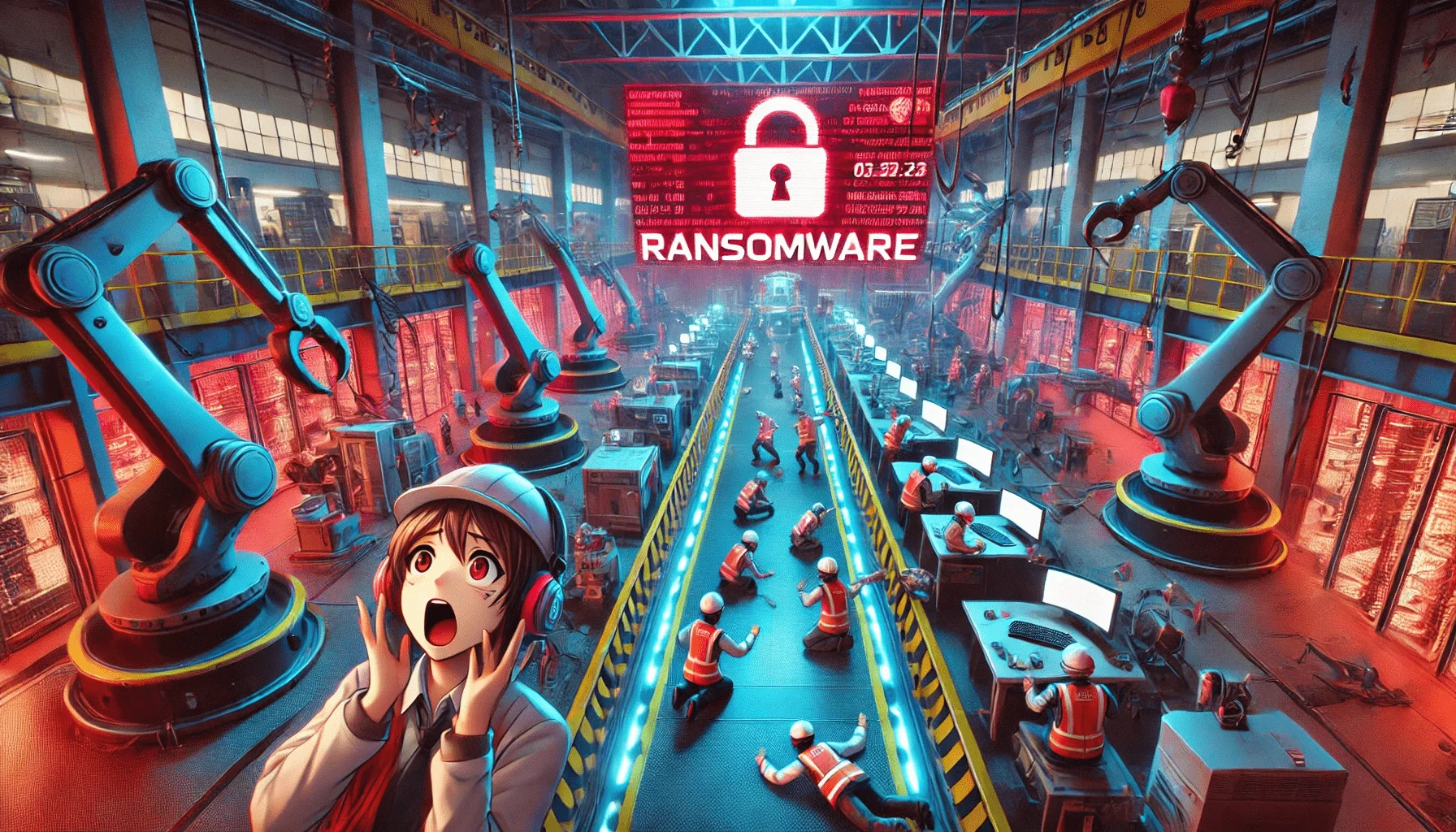 A depiction of a cyber attack targeting a high-tech manufacturing facility, highlighting ransomware and dark web threats. Designed by Dall-E.