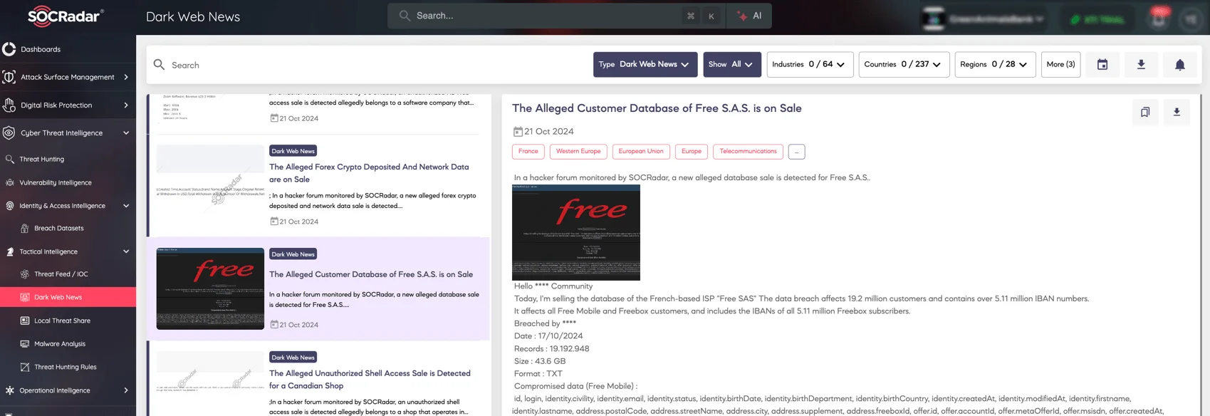 SOCRadar Dark Web News: Alleged Customer Database of Free SAS is on Sale