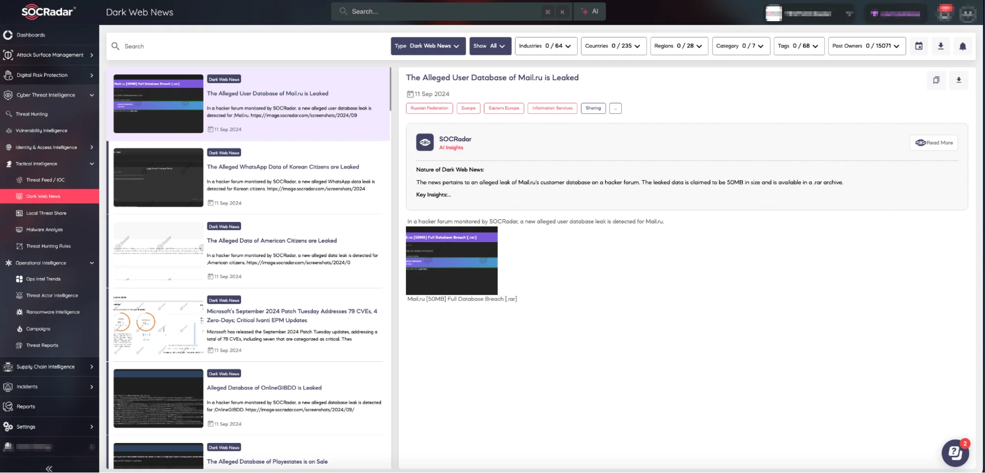 SOCRadar Dark Web News module